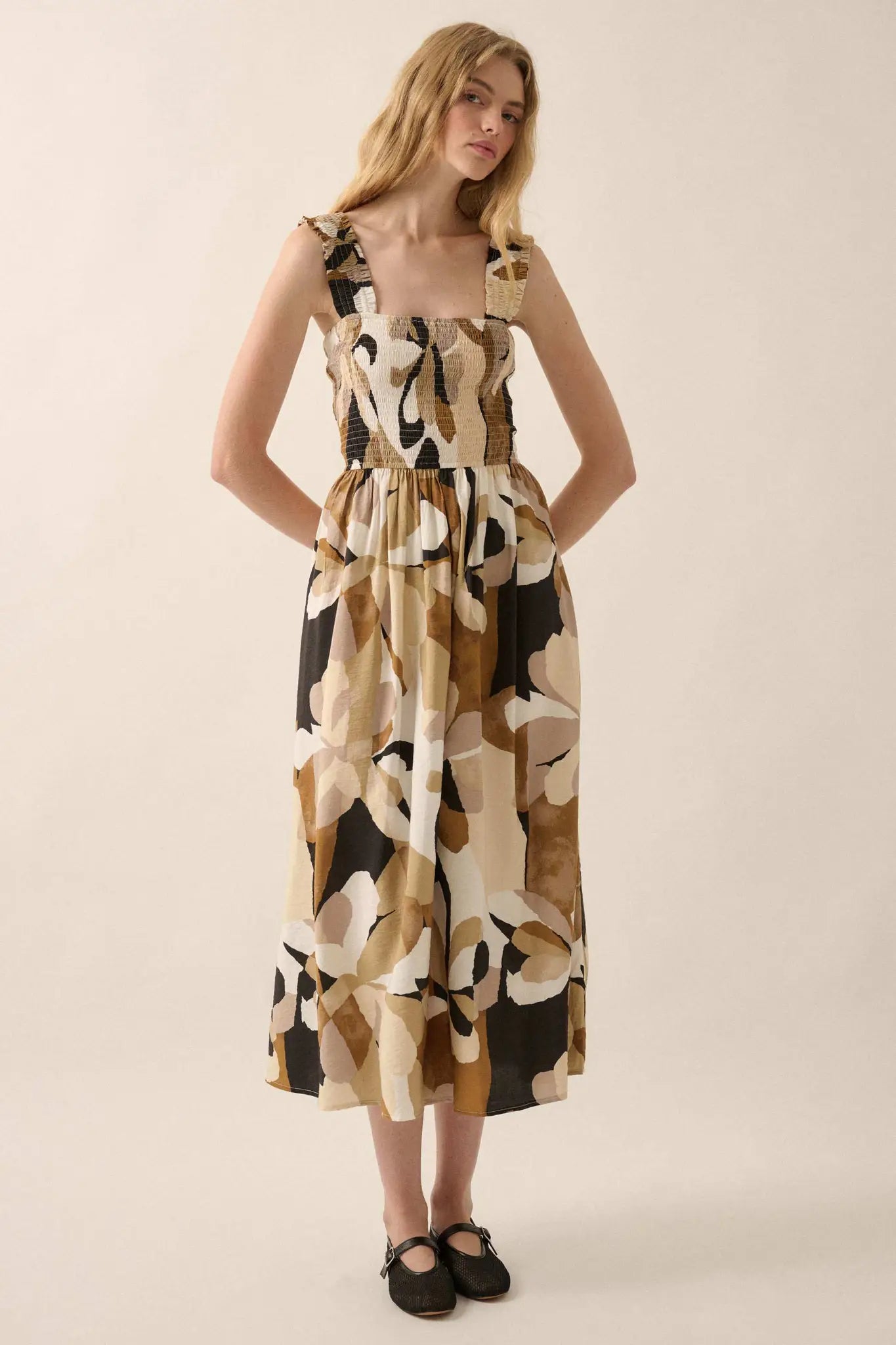 Tawny Blossoms Floral Smocked Midi Dress - ShopPromesa