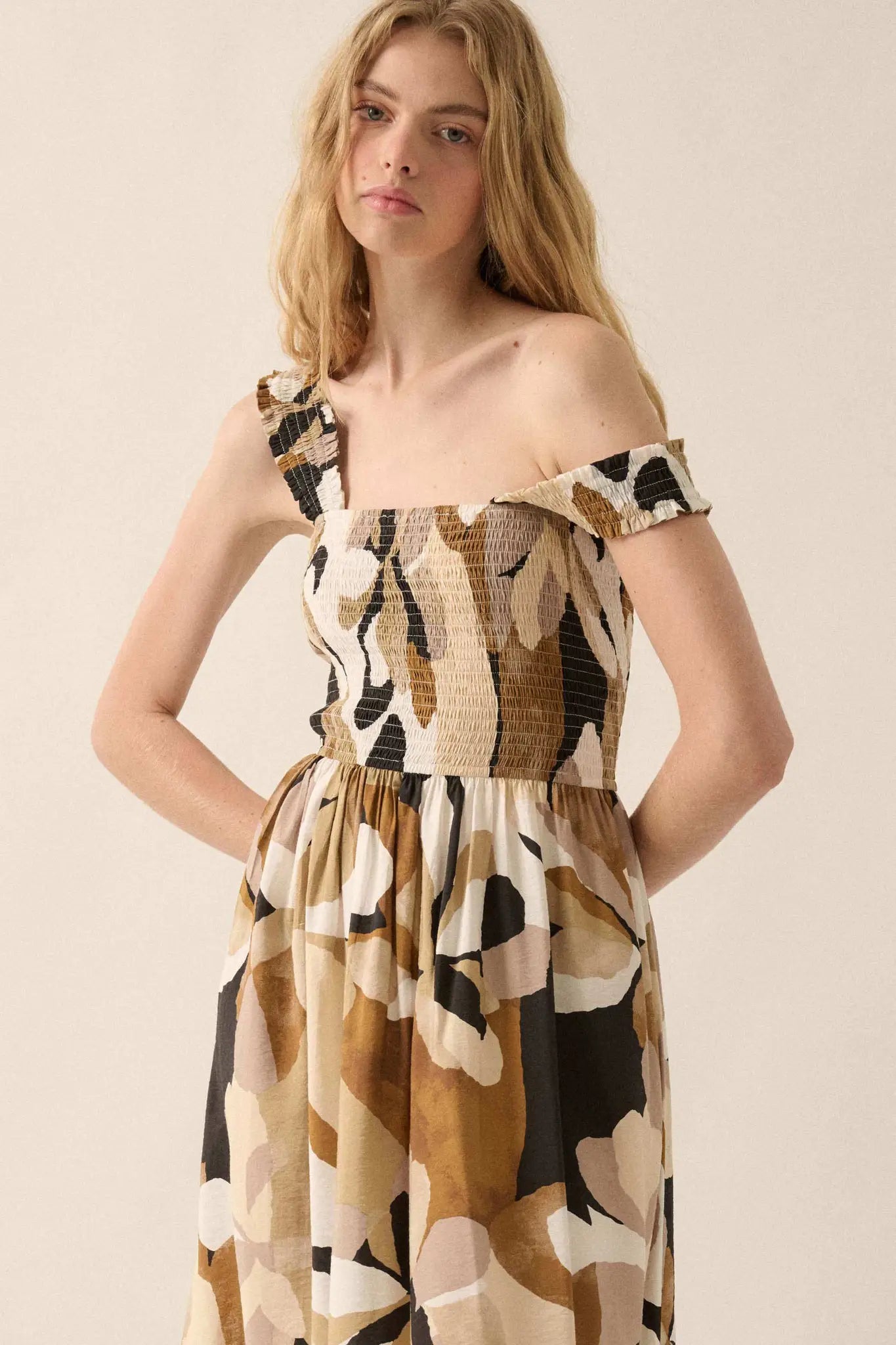 Tawny Blossoms Floral Smocked Midi Dress - ShopPromesa