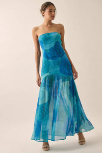 Roses Bloom Floral Strapless Drop-Waist Maxi Dress - ShopPromesa