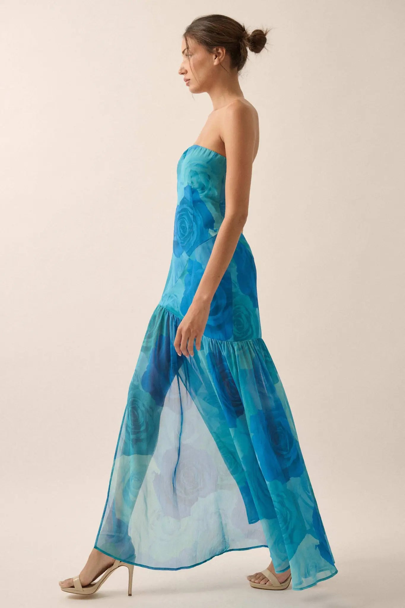 Roses Bloom Floral Strapless Drop-Waist Maxi Dress Red / L