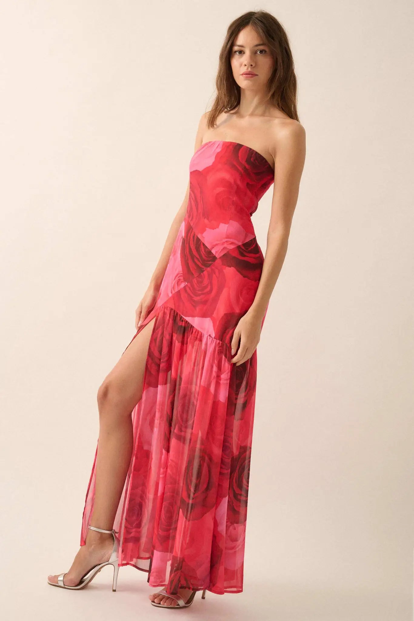 Roses Bloom Floral Strapless Drop-Waist Maxi Dress - ShopPromesa