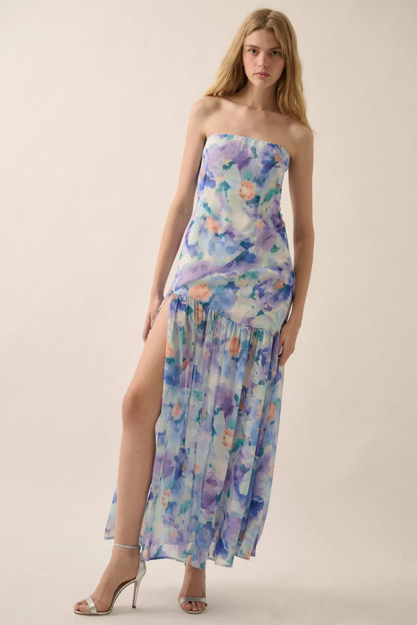 Garden Glow Floral Chiffon Strapless Maxi Dress - ShopPromesa