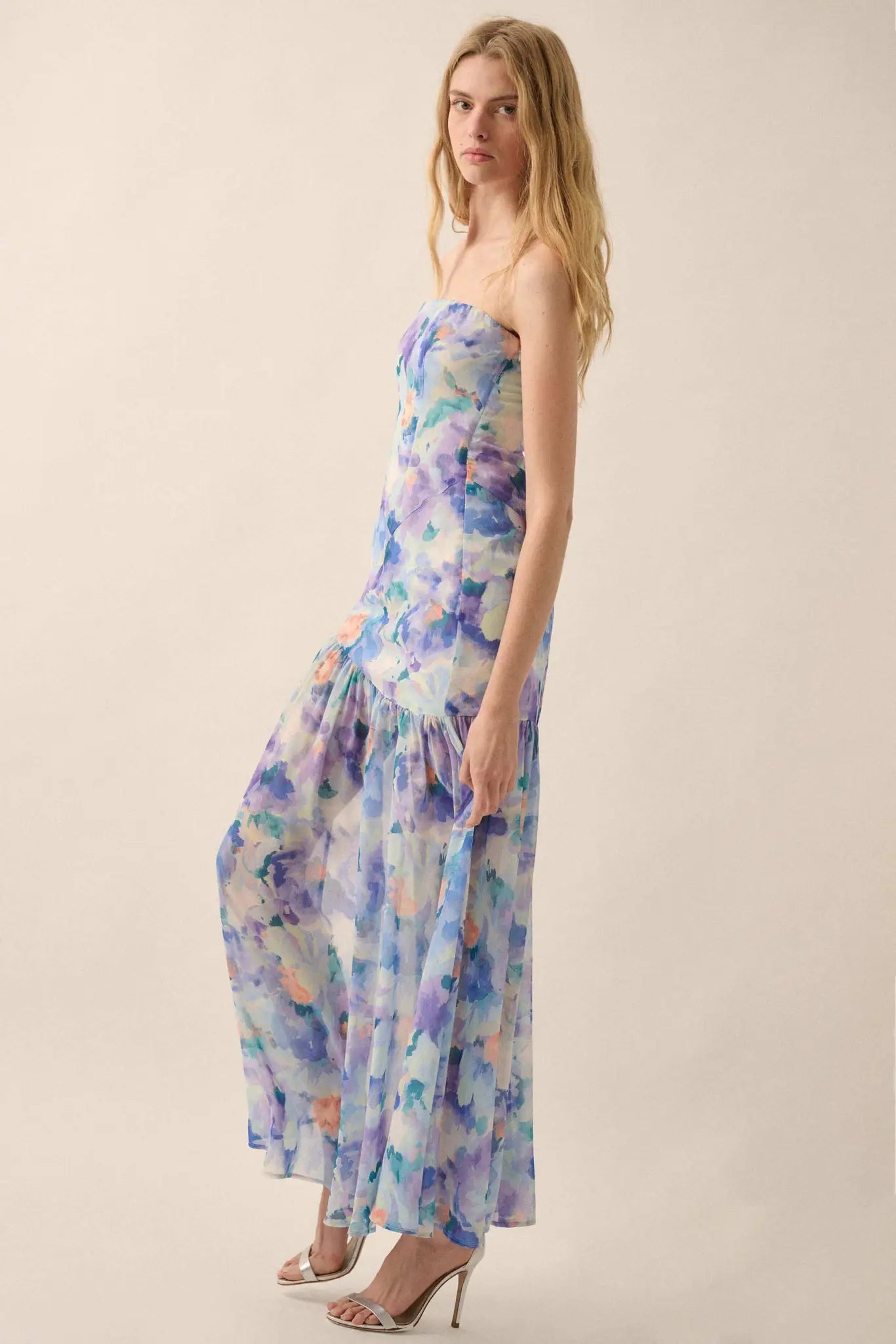 Garden Glow Floral Chiffon Strapless Maxi Dress - ShopPromesa