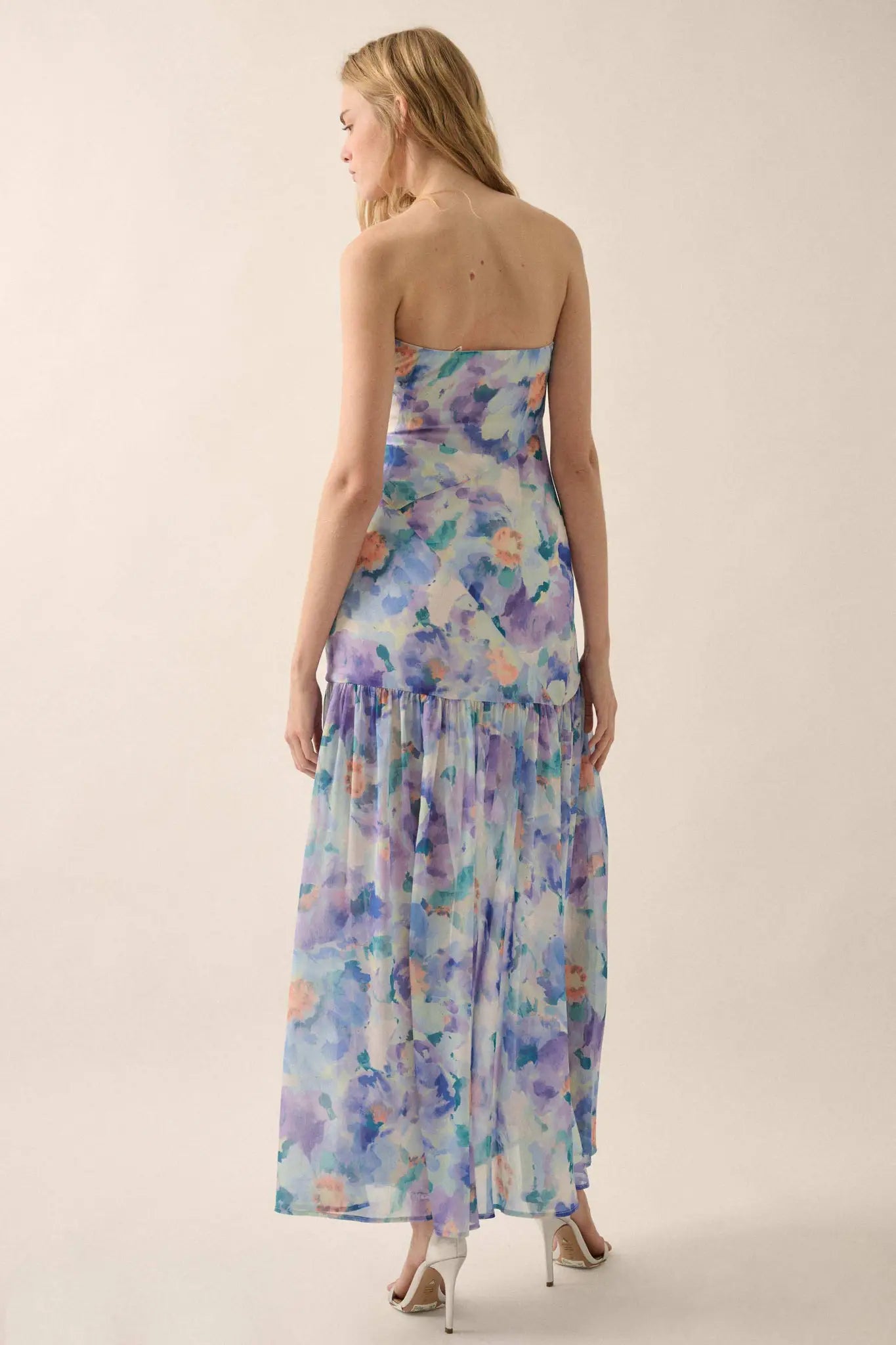 Garden Glow Floral Chiffon Strapless Maxi Dress - ShopPromesa