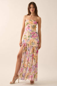 Garden Glow Floral Chiffon Strapless Maxi Dress - ShopPromesa