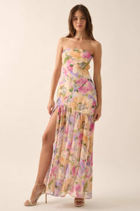 Garden Glow Floral Chiffon Strapless Maxi Dress - ShopPromesa