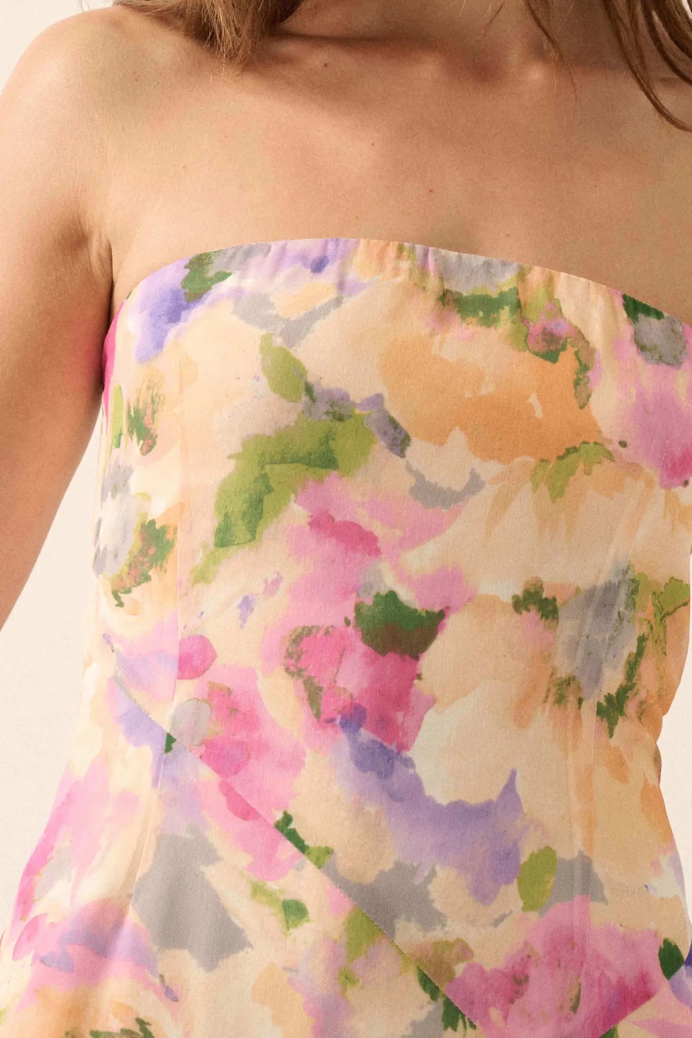 Garden Glow Floral Chiffon Strapless Maxi Dress - ShopPromesa