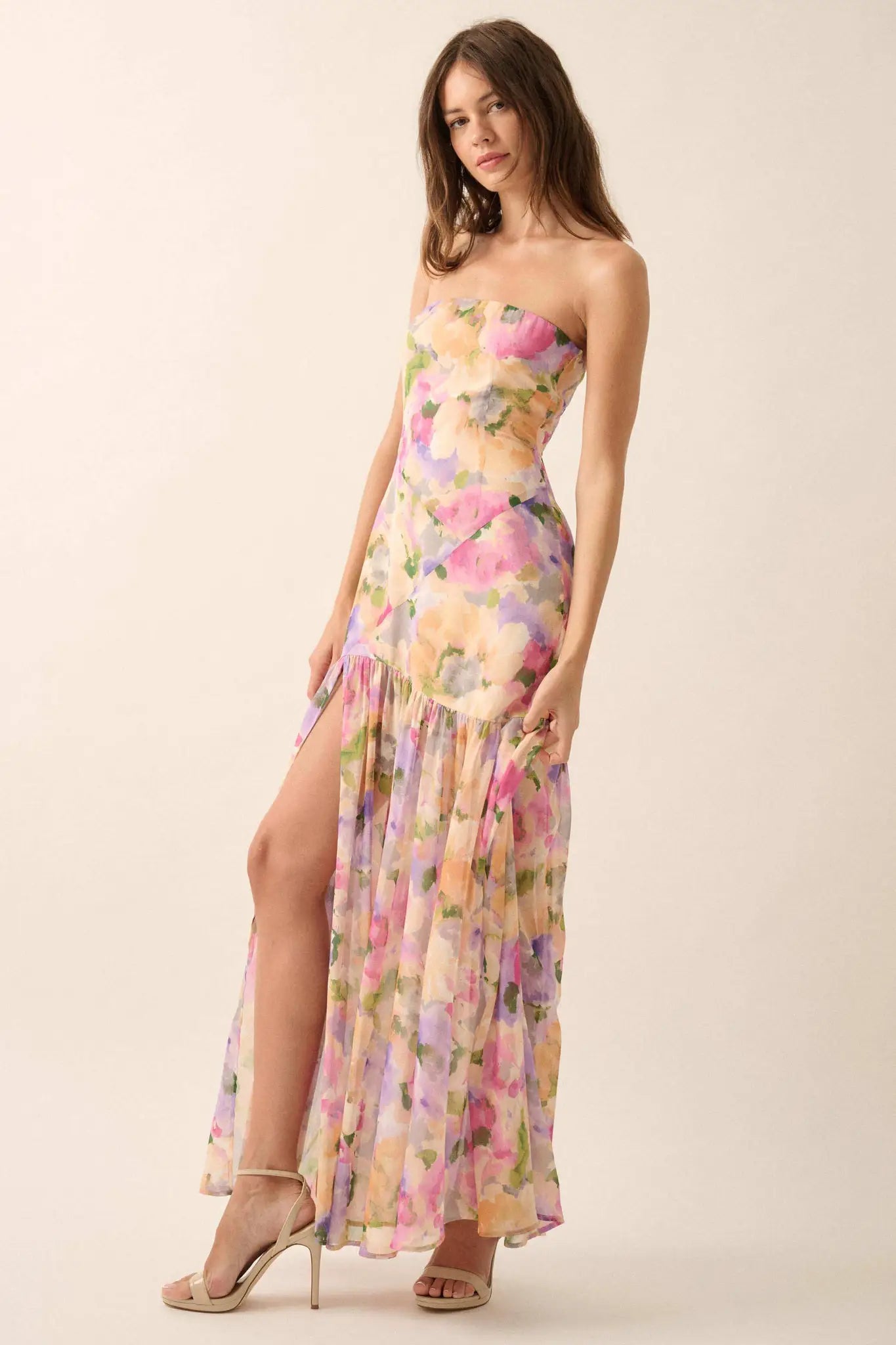 Garden Glow Floral Chiffon Strapless Maxi Dress - ShopPromesa