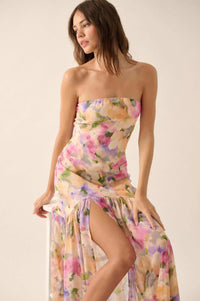 Garden Glow Floral Chiffon Strapless Maxi Dress - ShopPromesa