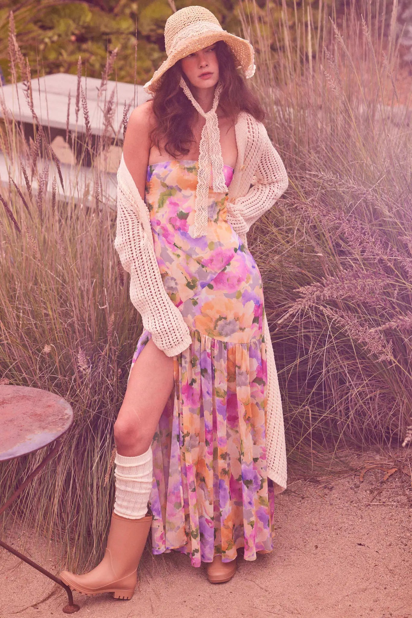 Garden Glow Floral Chiffon Strapless Maxi Dress Periwinkle Blue / S