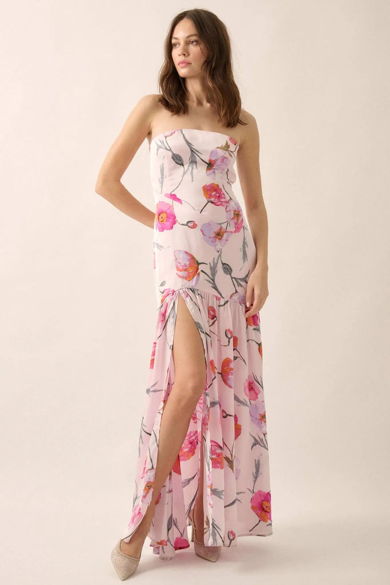 Dress Max Spring Eternal Spring Floral Satin Strapless Maxi Dress