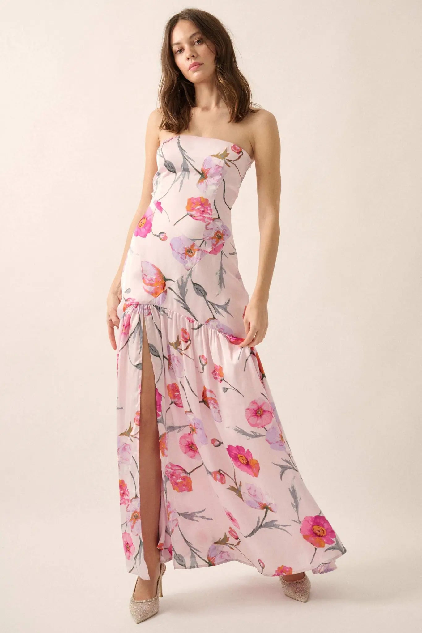 strapless floral satin dress Floral Print Fitted Strapless Gown by Ladivine 7445