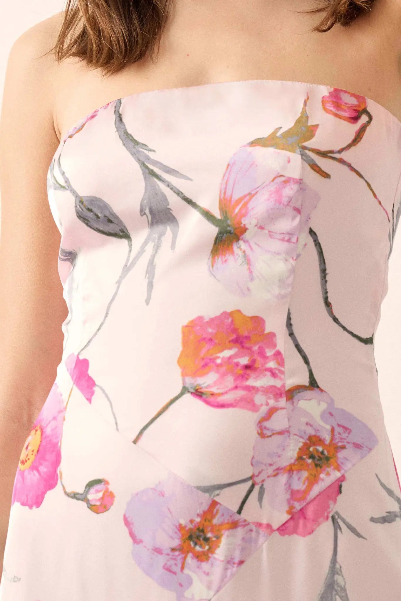 pink bloom satin strapless maxi dress Pink Bloom Satin Strapless Maxi Dress - US 16