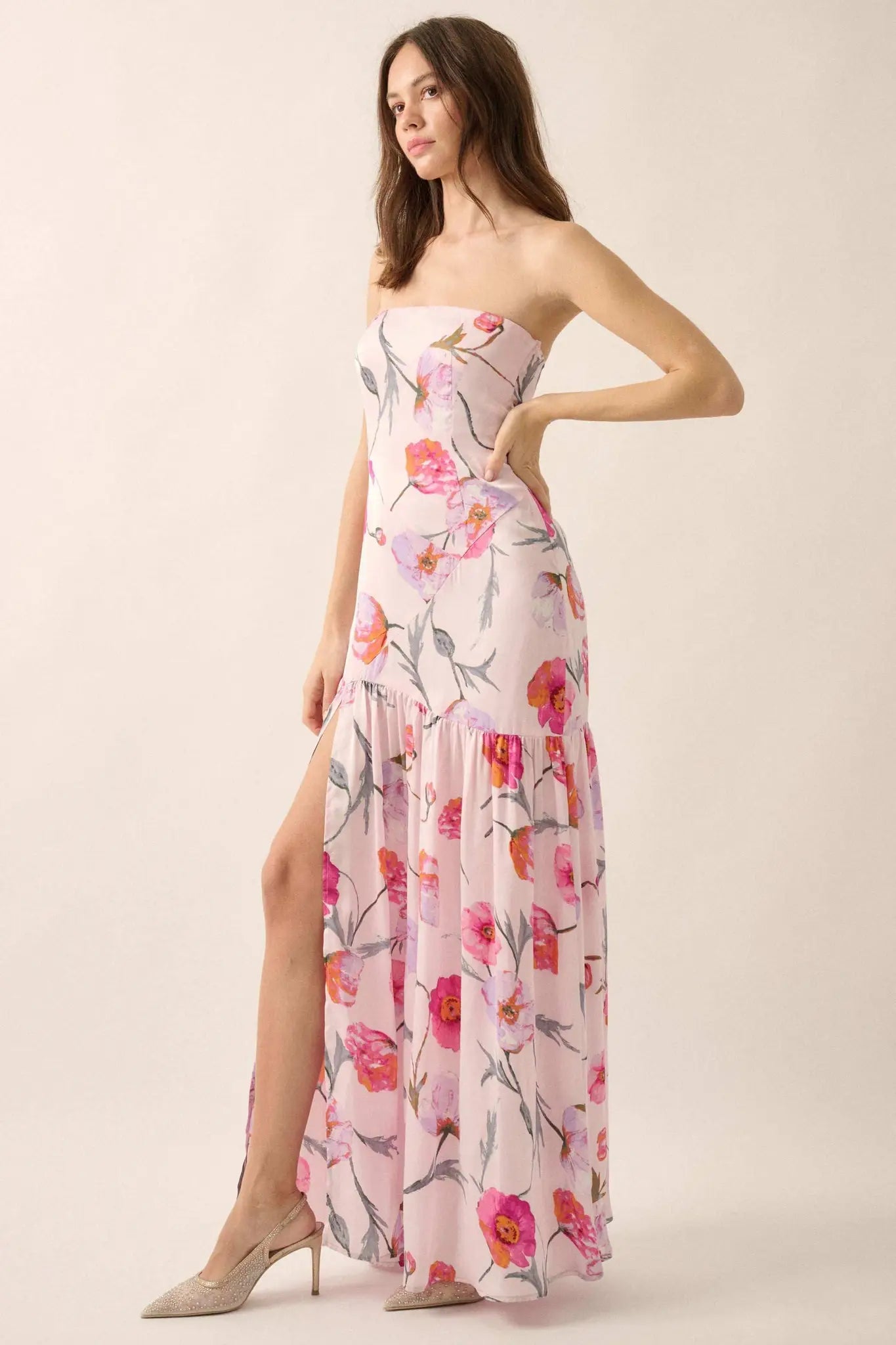 Dress Max Spring Eternal Spring Floral Satin Strapless Maxi Dress