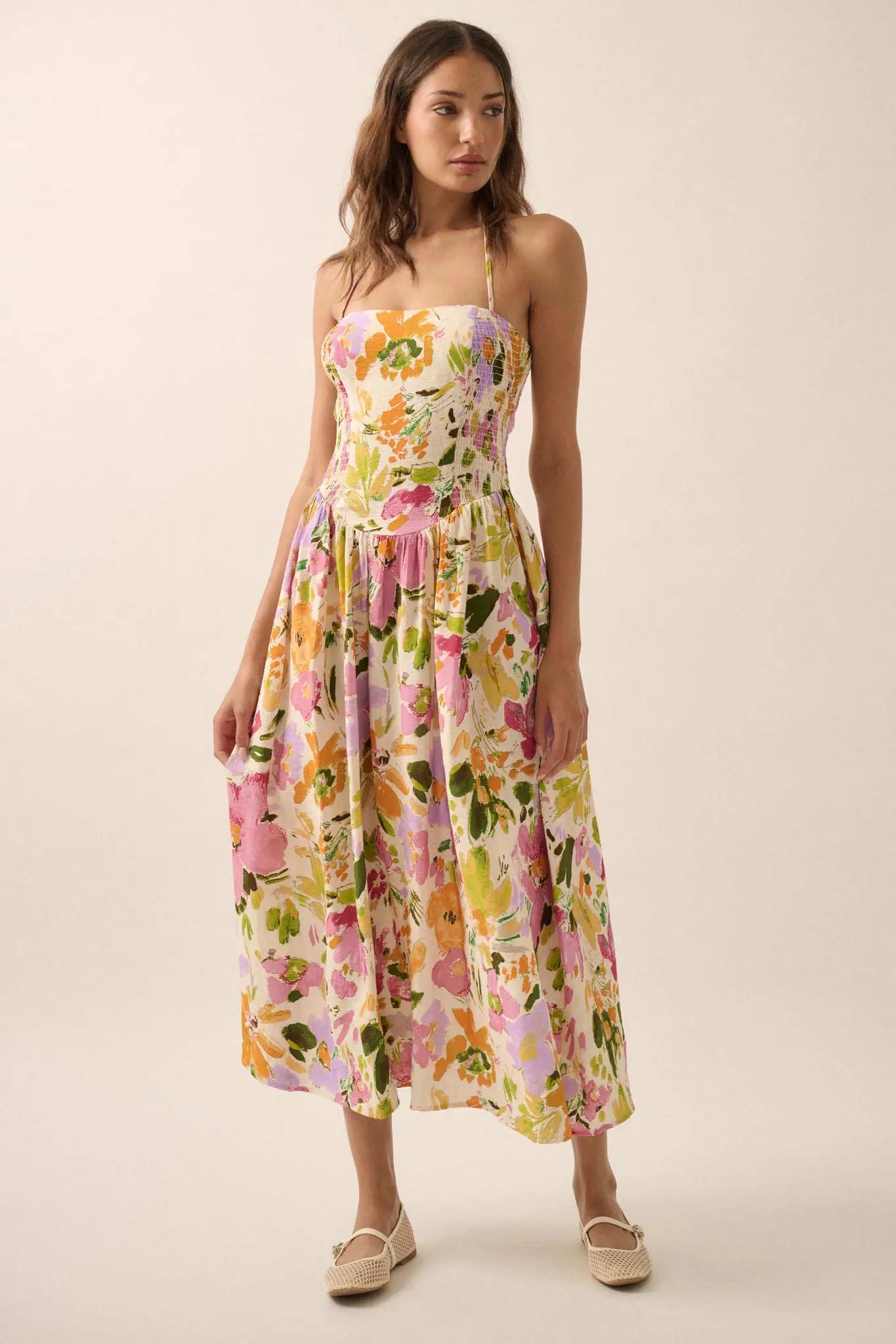floral halter midi dress Dawn Dreams Smocked Retro Blue / L neck floral midi dress lcziwo Summer Dresses for Category_Dresses/Shop by Category/At the Races Size:EU 39 - US 6.5 / 7