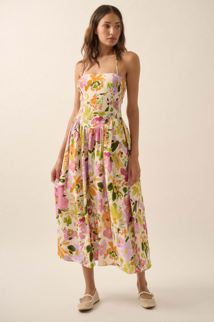 Dawn Dreams Smocked Floral Halter Midi Dress - ShopPromesa