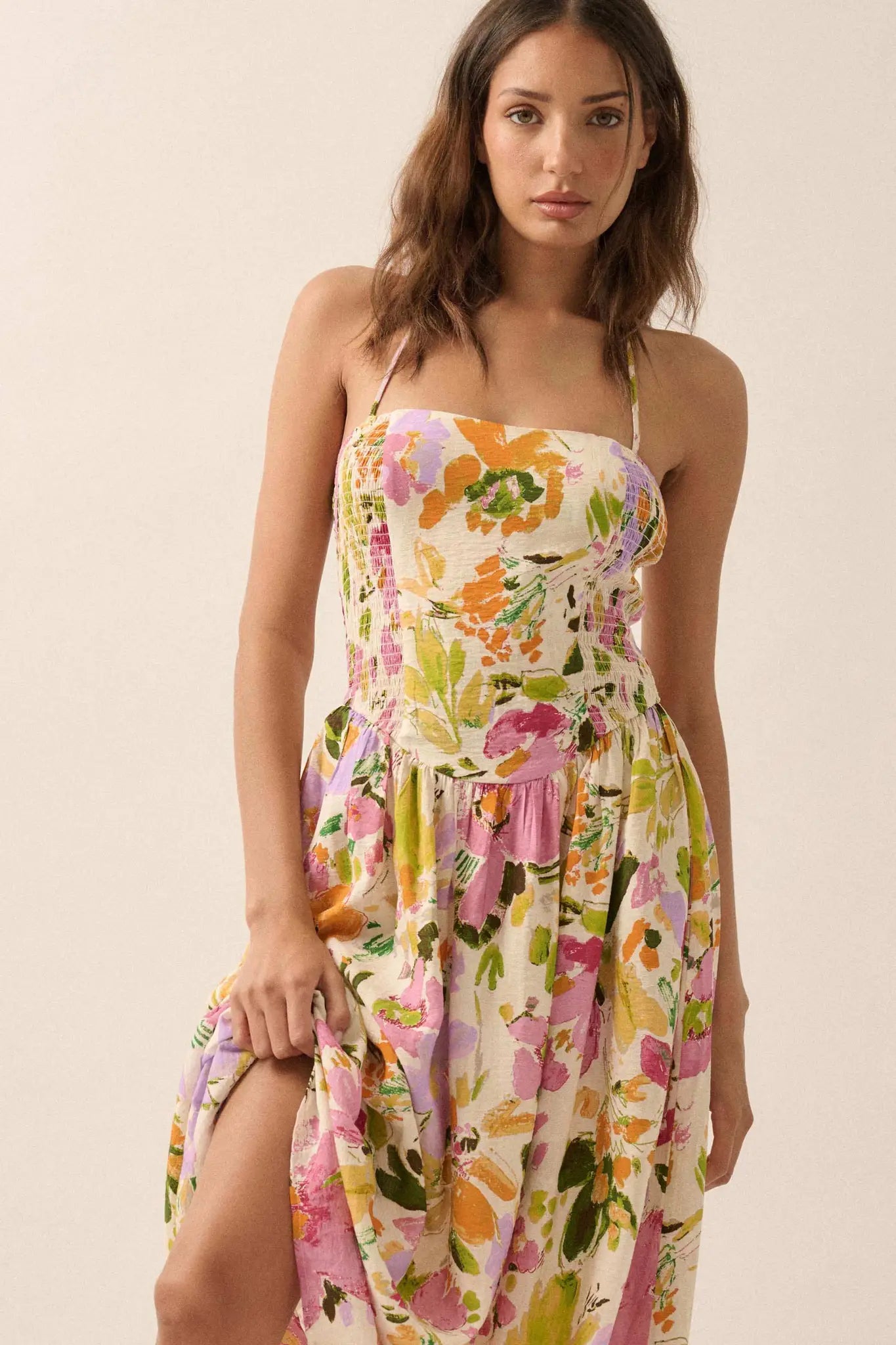 Dawn Dreams Smocked Floral Halter Midi Dress Retro Blue / L Dawn Dreams Smocked Floral Halter Midi Dress Retro Blue / L