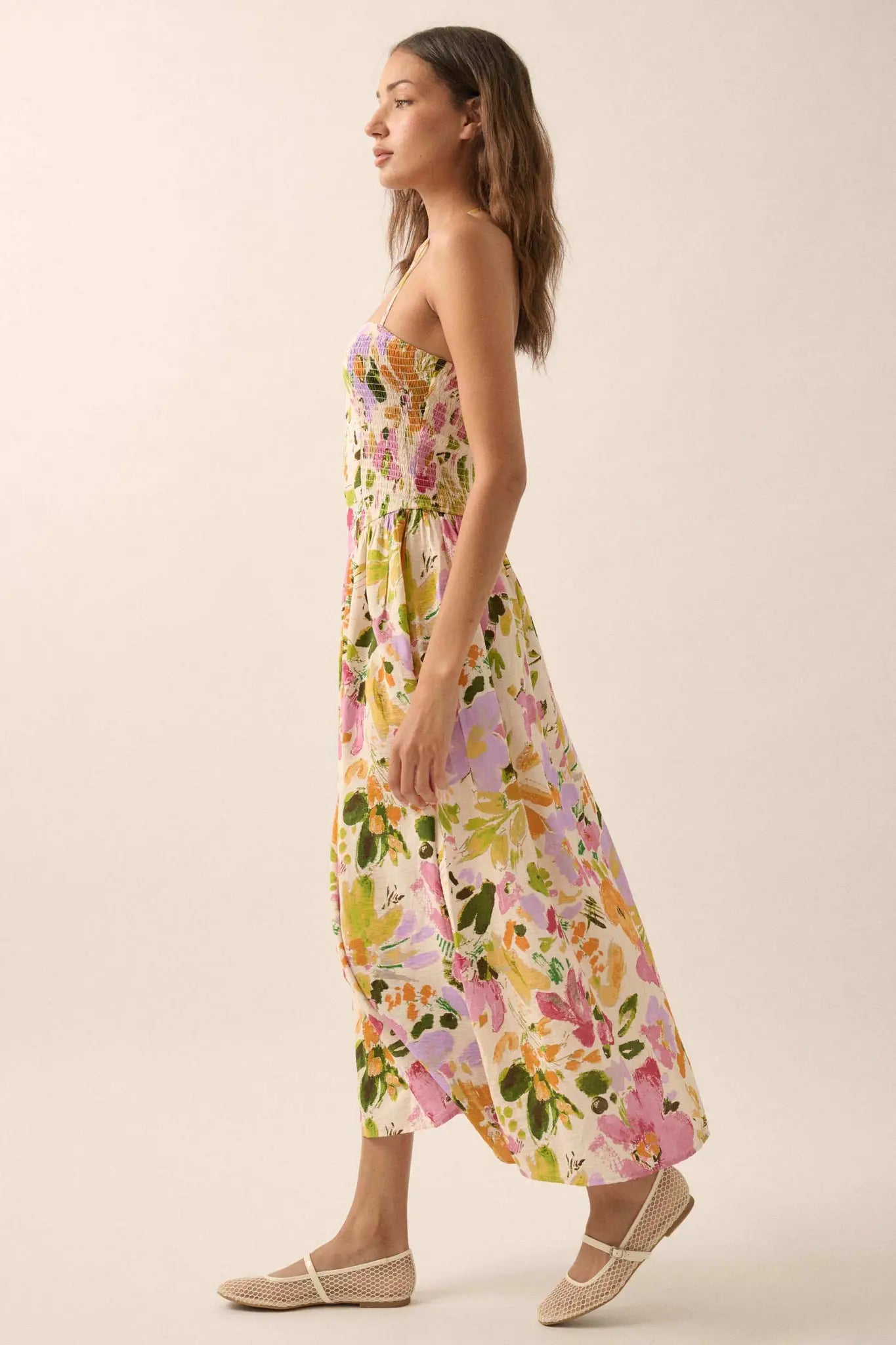 Dawn Dreams Smocked Floral Halter Midi Dress Retro Blue / L Dawn Dreams Smocked Floral Halter Midi Dress Retro Blue / L