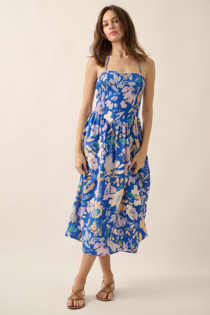 Dawn Dreams Smocked Floral Halter Midi Dress - ShopPromesa