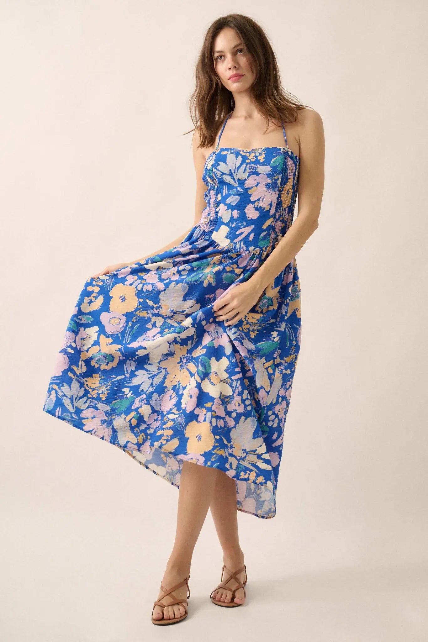 smocked halter midi dress Blue Smocked Halter Midi Dress