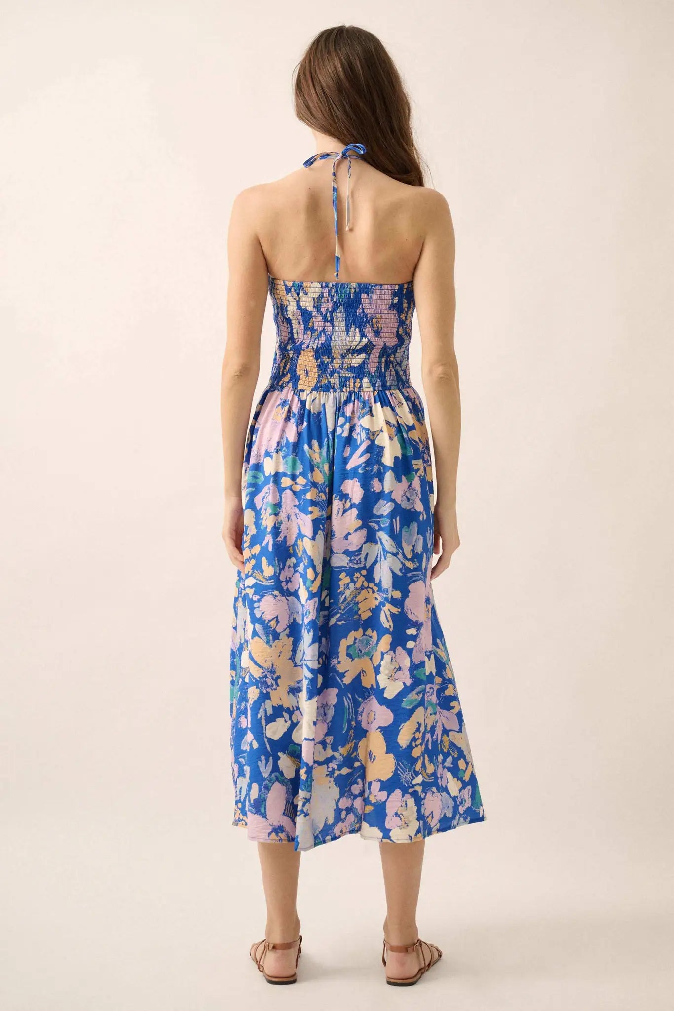 Dawn Dreams Smocked Floral Halter Midi Dress Retro Blue / L Dawn Dreams Smocked Floral Halter Midi Dress Retro Blue / L