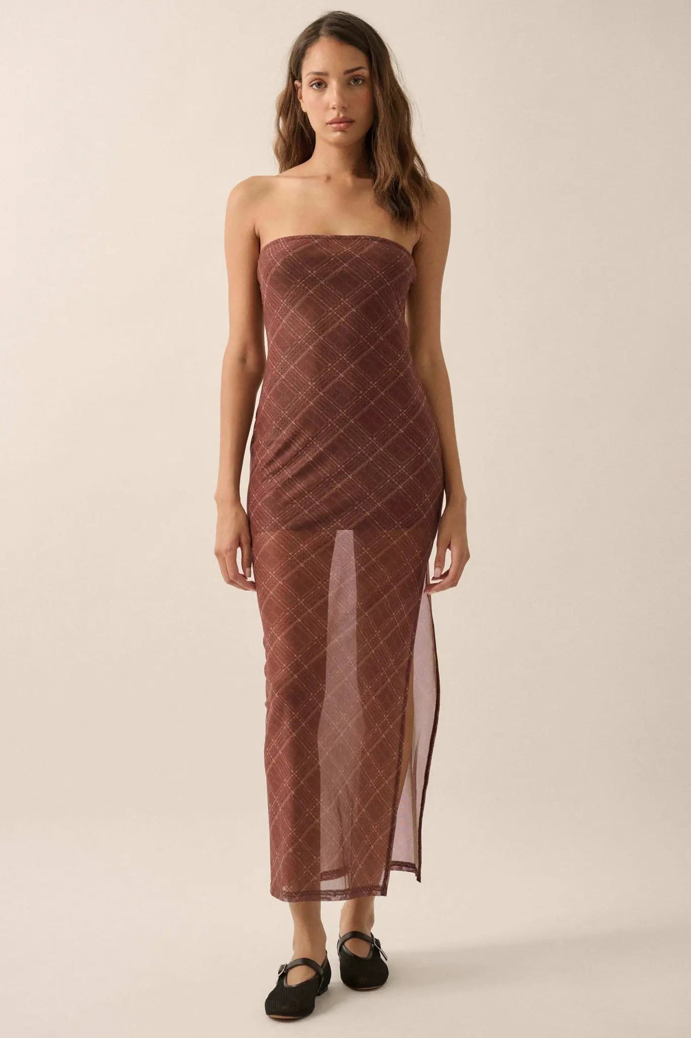 Plaid Vibes Strapless Plaid Mesh Maxi Dress - ShopPromesa