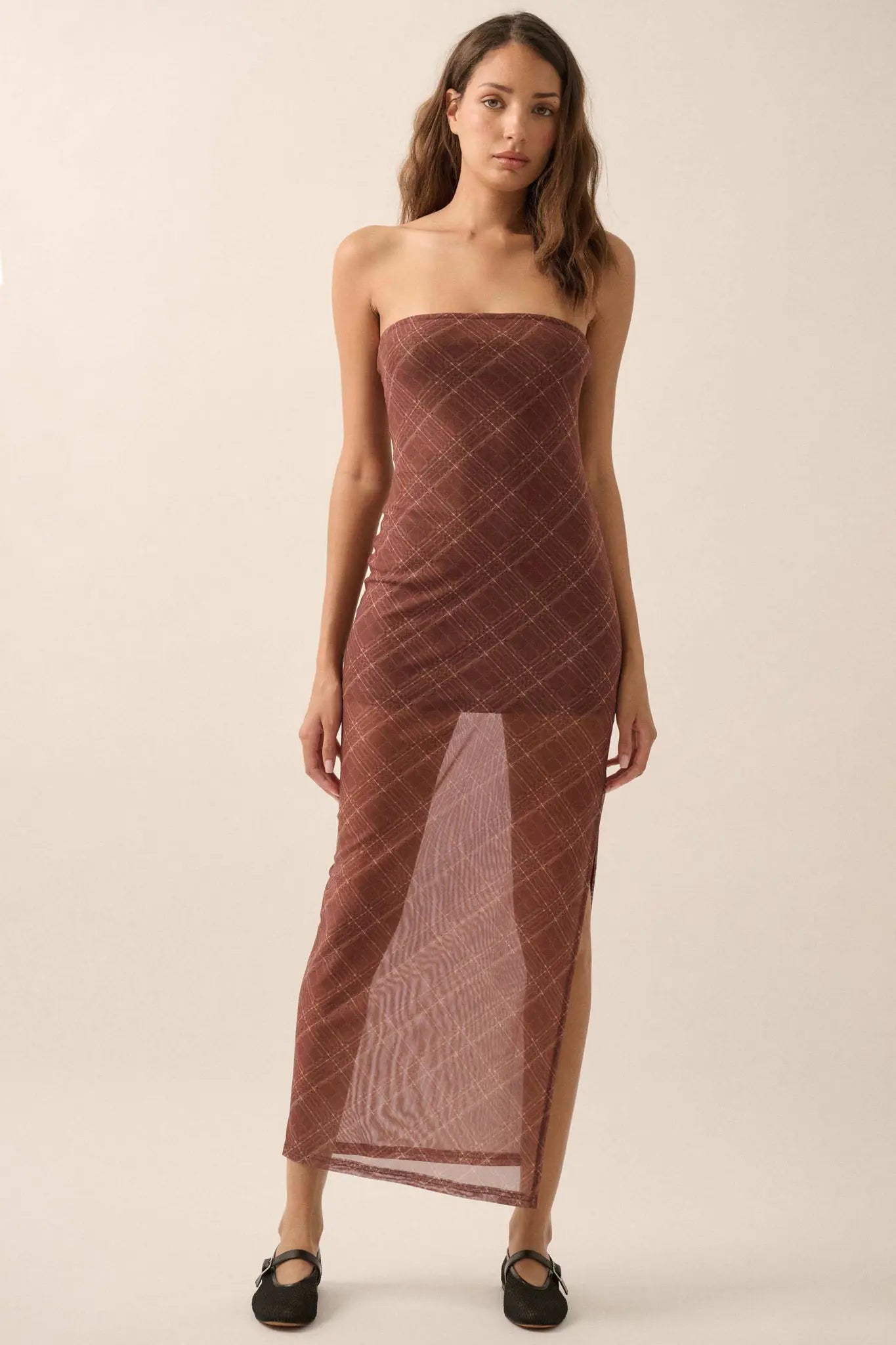 Plaid Vibes Strapless Plaid Mesh Maxi Dress, Toffee / M Plaid Vibes Strapless Plaid Mesh Maxi Dress, Toffee / M