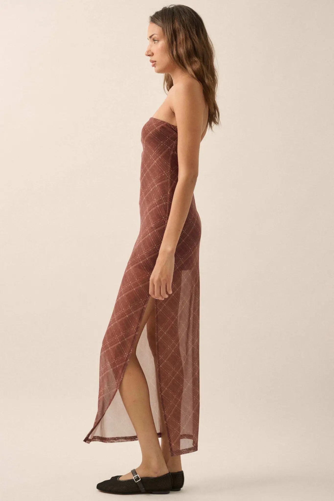 Plaid Vibes Strapless Plaid Mesh Maxi Dress Toffee / M Plaid Vibes Strapless Plaid Mesh Maxi Dress Toffee / M