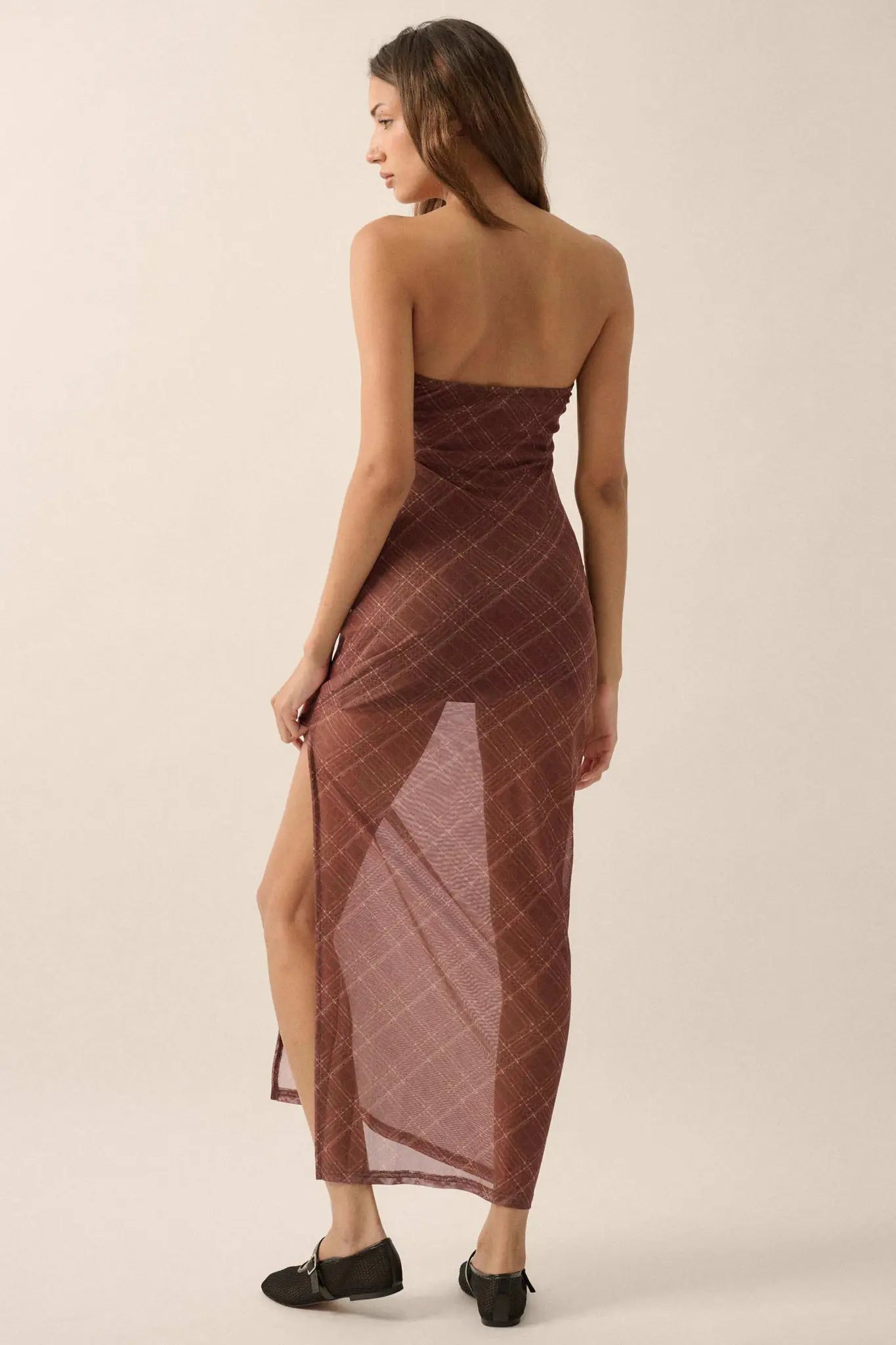 Plaid Vibes Strapless Plaid Mesh Maxi Dress - ShopPromesa