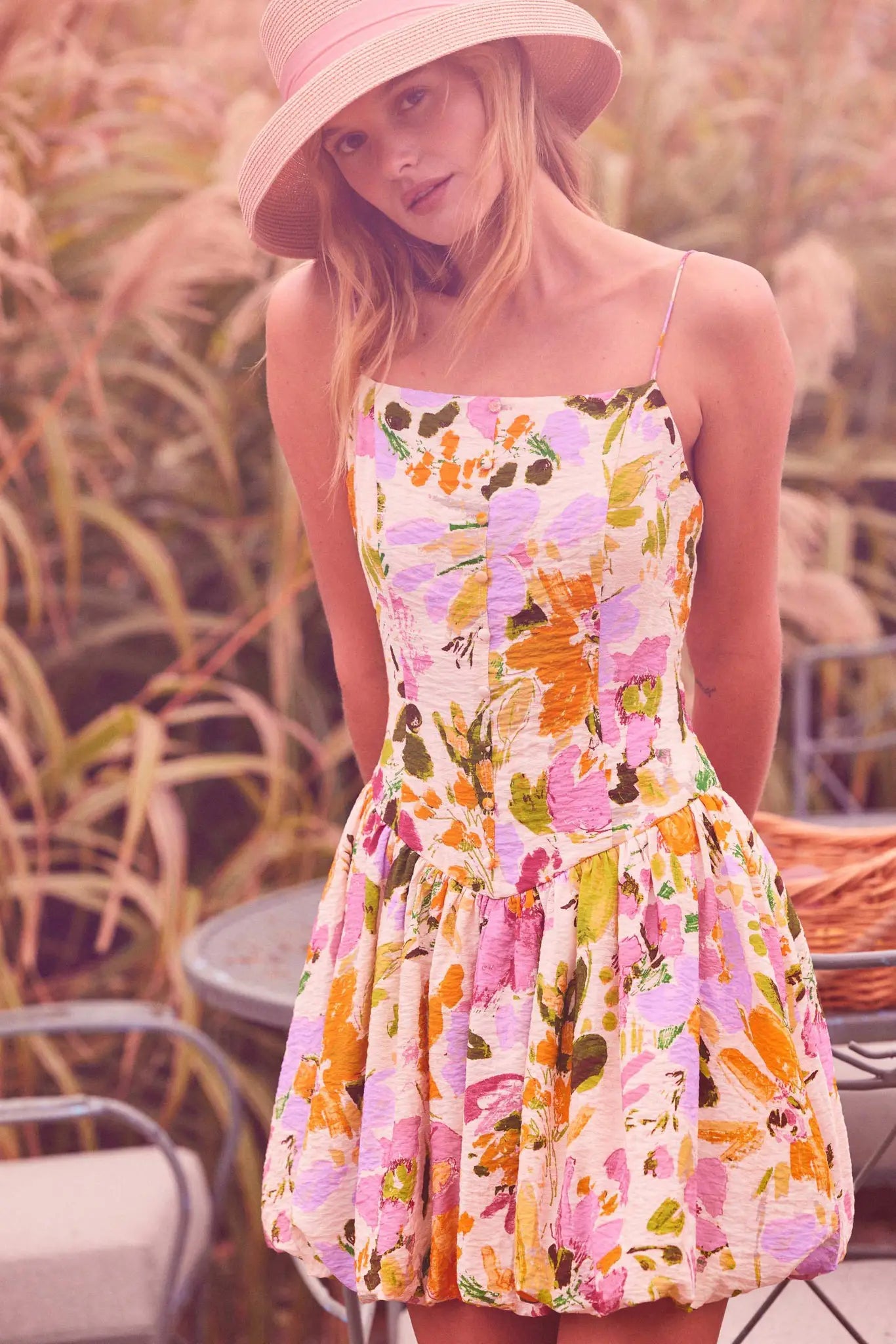 Delicate Dawn Floral Drop-Waist Bubble Mini Dress, Cream / S