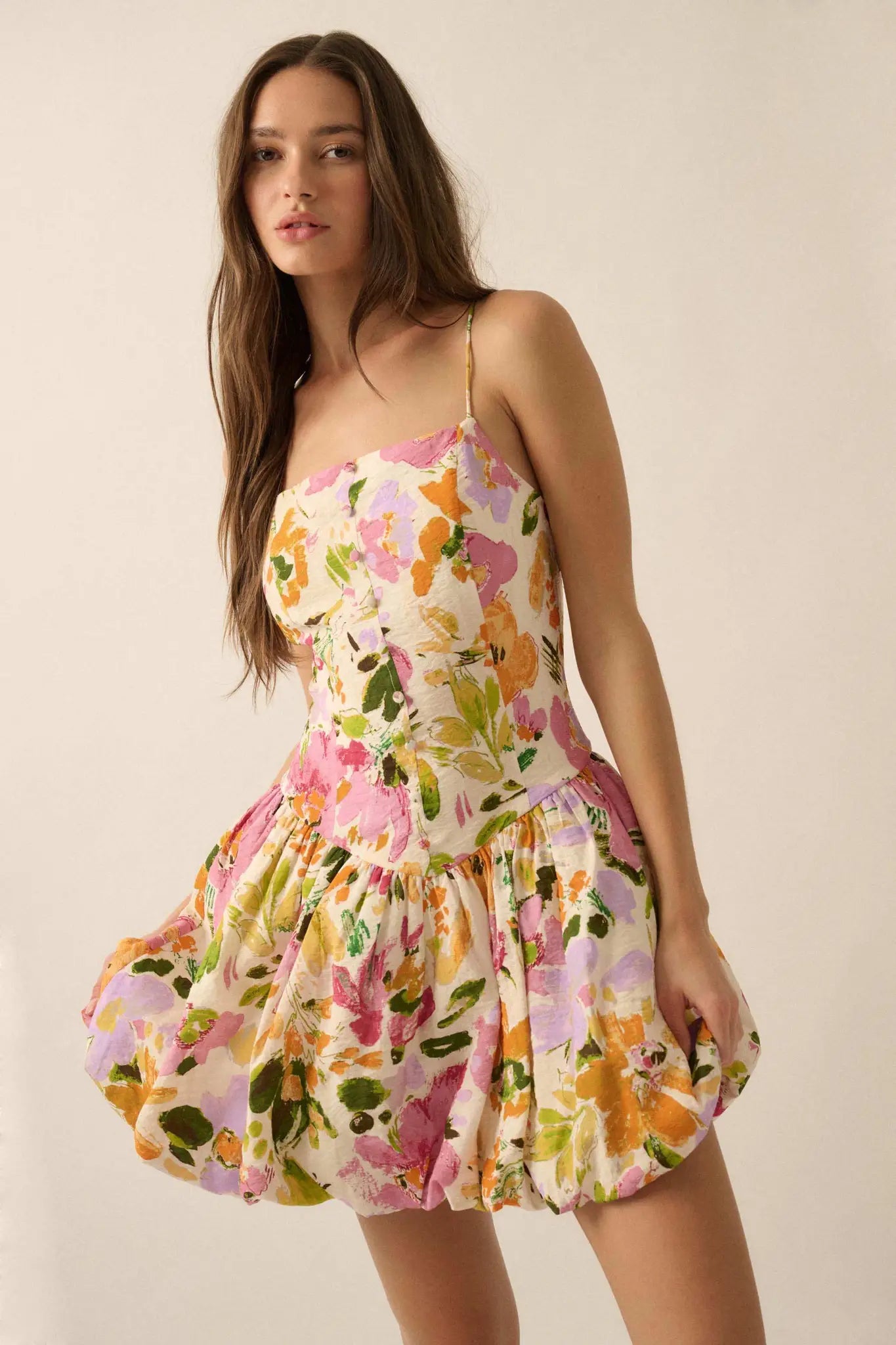 Delicate Dawn Floral Drop-Waist Bubble Mini Dress Retro Blue / M Delicate Dawn Floral Drop-Waist Bubble Mini Dress Retro Blue / M