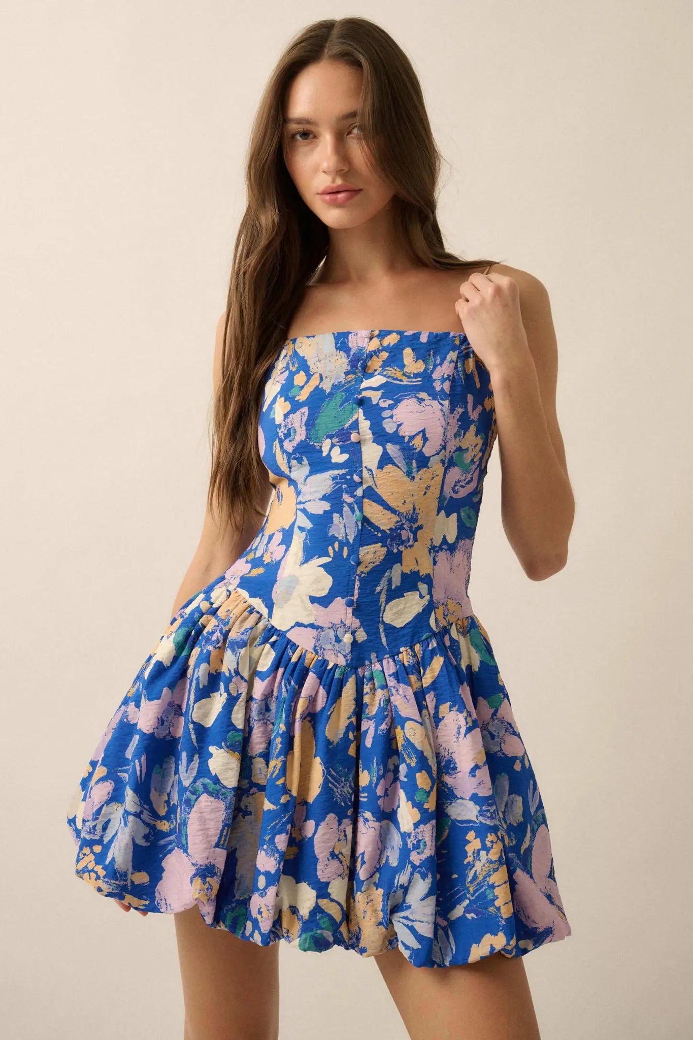 Delicate Dawn Floral Drop-Waist Bubble Mini Dress Retro Blue / M Delicate Dawn Floral Drop-Waist Bubble Mini Dress Retro Blue / M