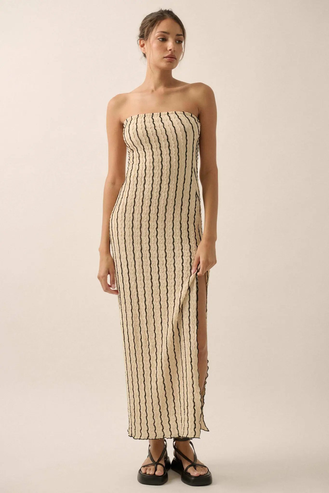Whispering Waves Striped Knit Strapless Maxi Dress - ShopPromesa