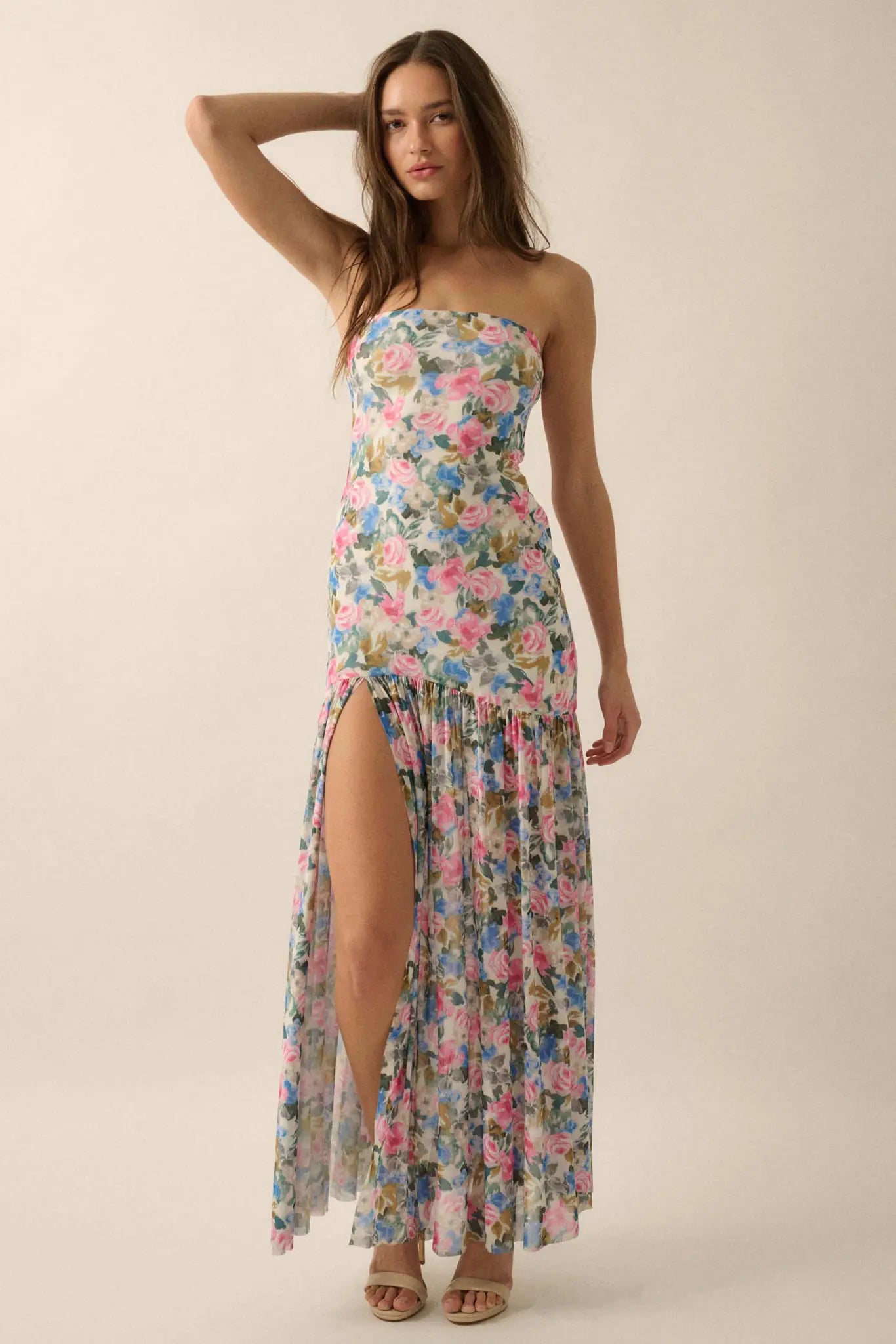 Fresh Petals Strapless Floral Mesh Maxi Dress - ShopPromesa