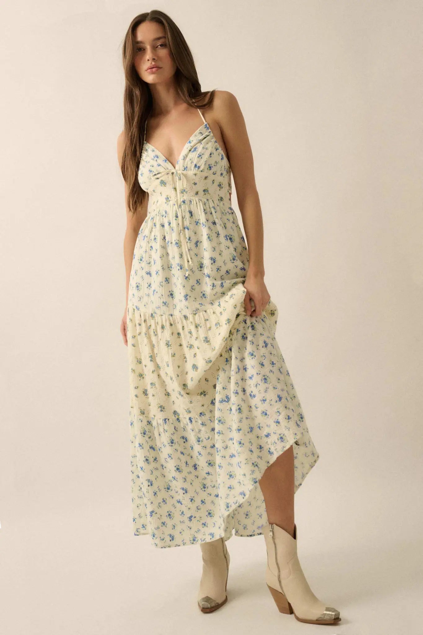 Meadow Garden Floral Gauze Tie-Back Maxi Dress, Blue / L Meadow Garden Floral Gauze Tie-Back Maxi Dress, Blue / L