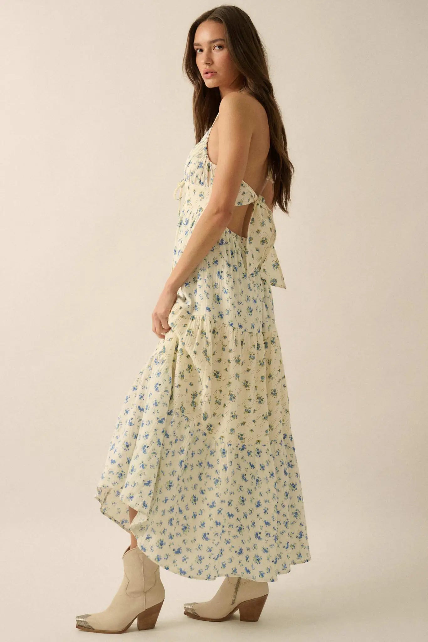 Meadow Garden Floral Gauze Tie-Back Maxi Dress, Blue / L Meadow Garden Floral Gauze Tie-Back Maxi Dress, Blue / L