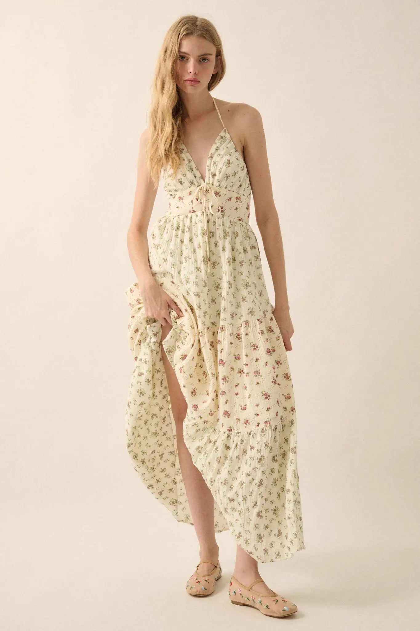 Meadow Garden Floral Gauze Tie-Back Maxi Dress - ShopPromesa
