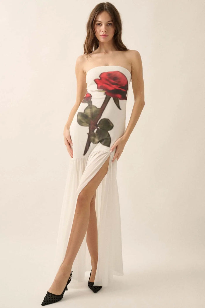 Rose Tattoo Printed Mesh Strapless Maxi Dress - ShopPromesa