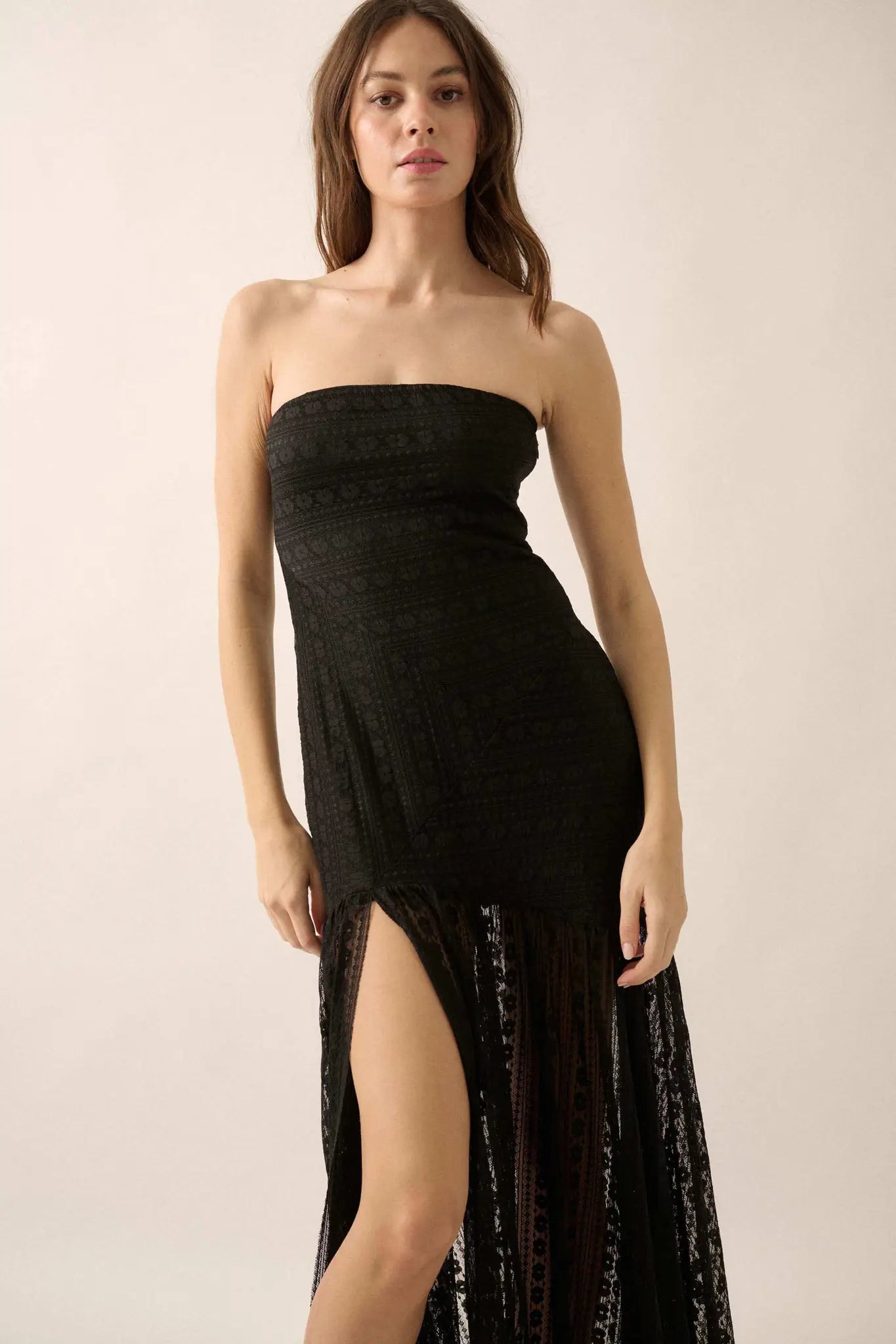 black lace strapless maxi dress Black Lace Strapless Sheer Mermaid Dress Hot Miami Styles