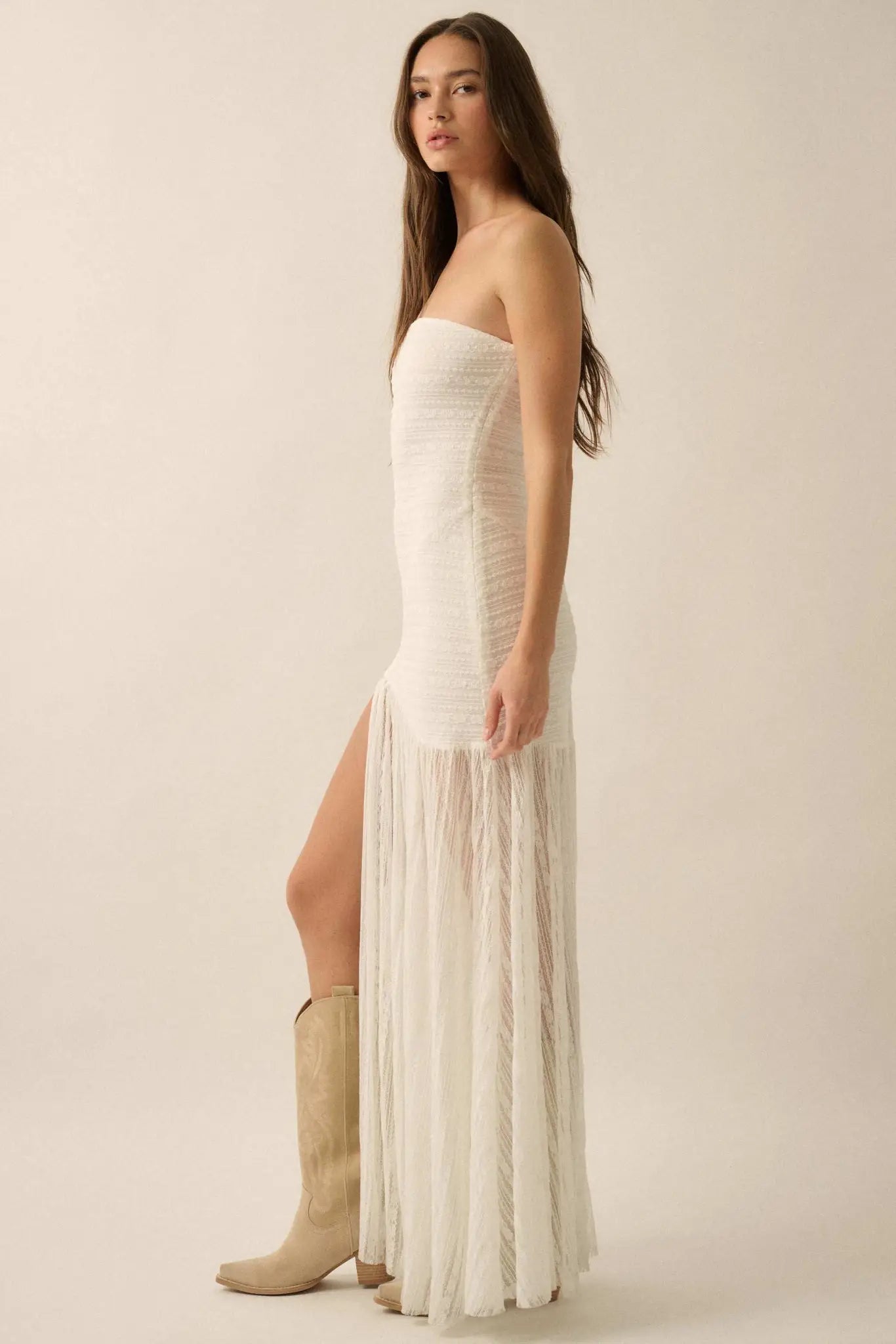 Belle Nuit Striped Lace Strapless Maxi Dress - ShopPromesa