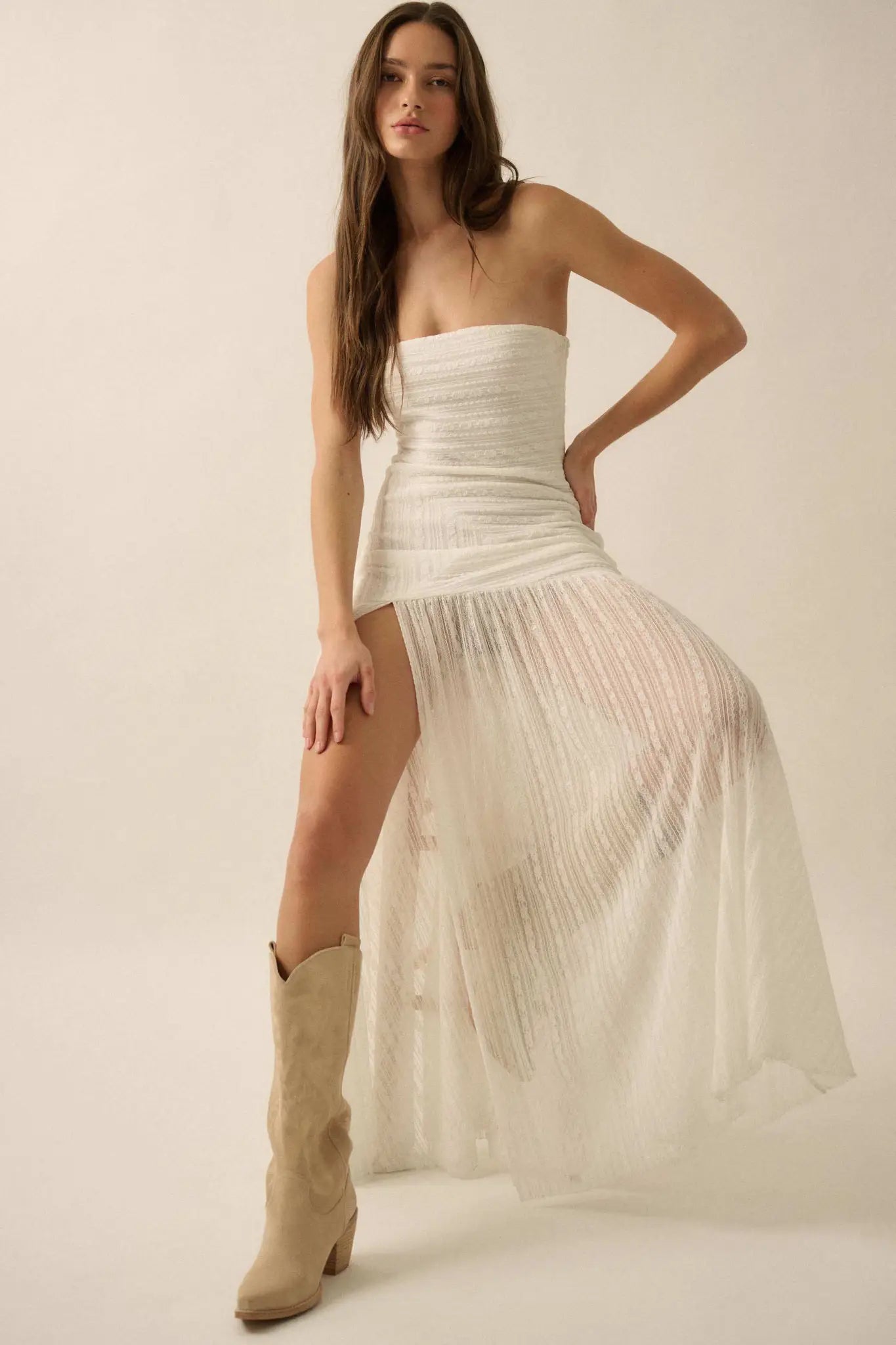 Belle Nuit Striped Lace Strapless Maxi Dress, Off White / S Belle Nuit Striped Lace Strapless Maxi Dress, Off White / S