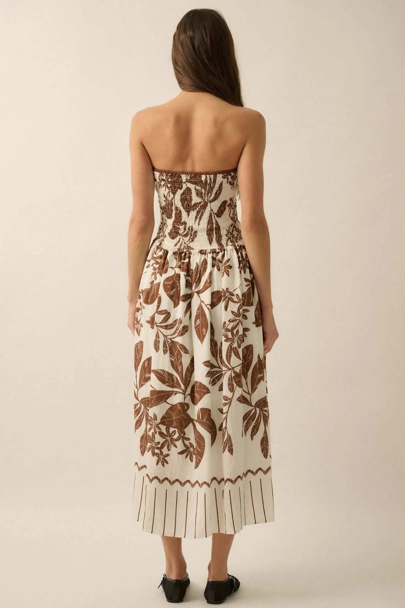 Palm Poetry Tropical Strapless Pocket Midi Dress - ShopPromesa