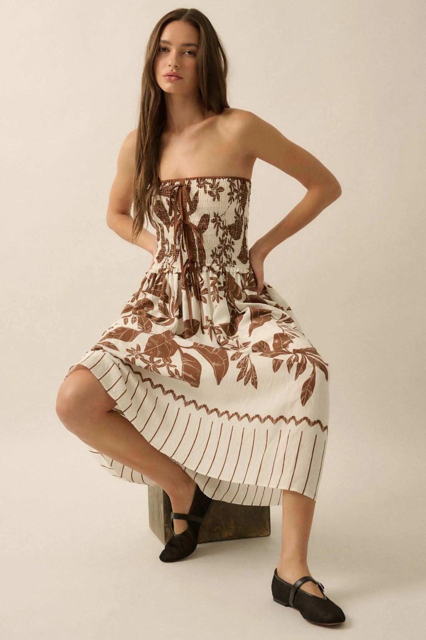 Palm Poetry Tropical Strapless Pocket Midi Dress Cream / M Palm Poetry Tropical Strapless Pocket Midi Dress Cream / M