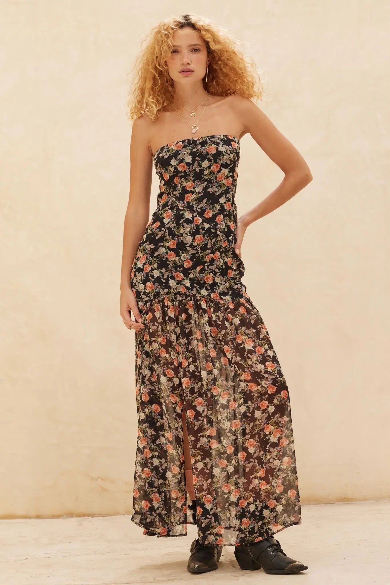 Garden Romance Floral Chiffon Strapless Maxi Dress Black / L Garden Romance Floral Chiffon Strapless Maxi Dress Black / L