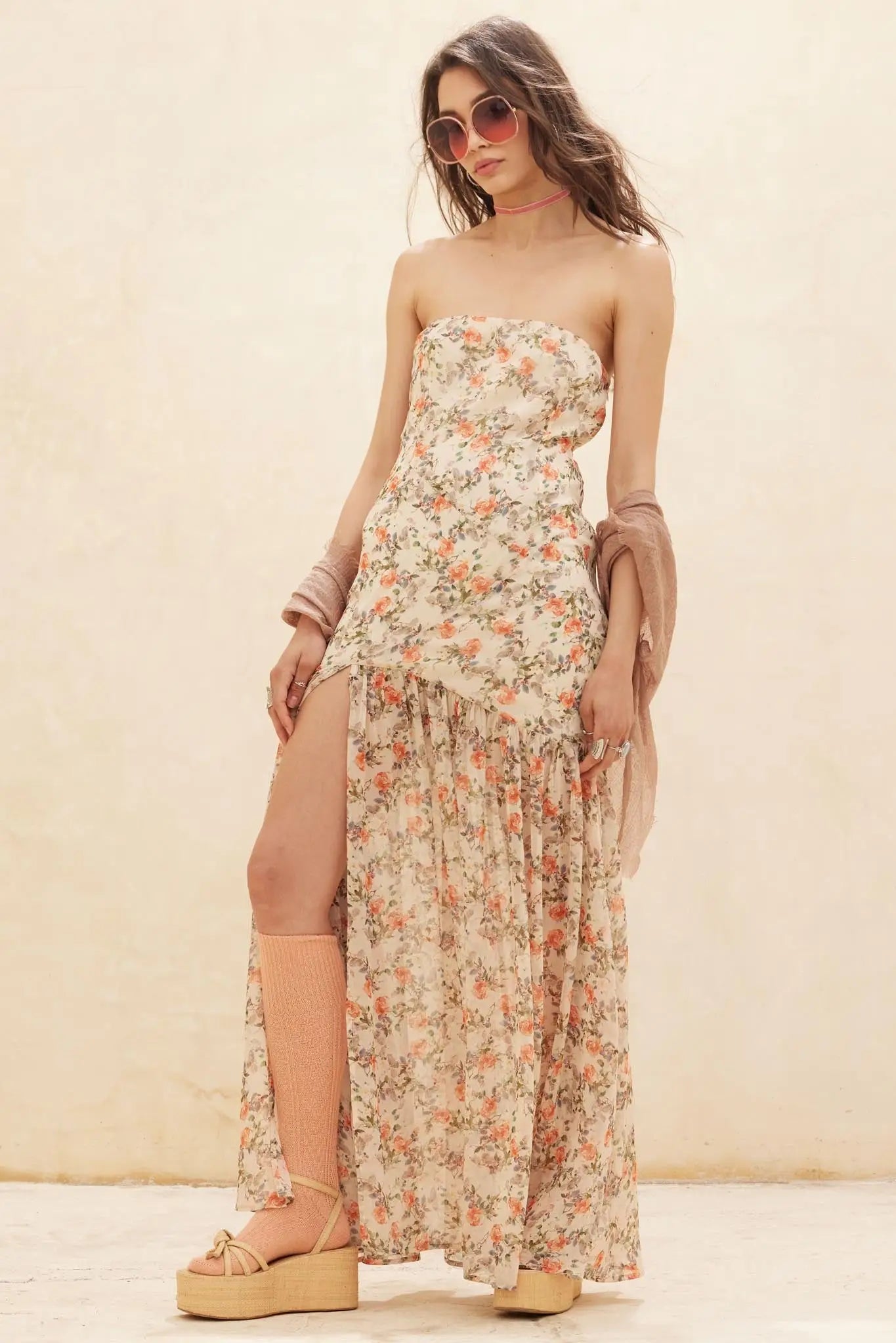 Garden Romance Floral Chiffon Strapless Maxi Dress, Cream / M