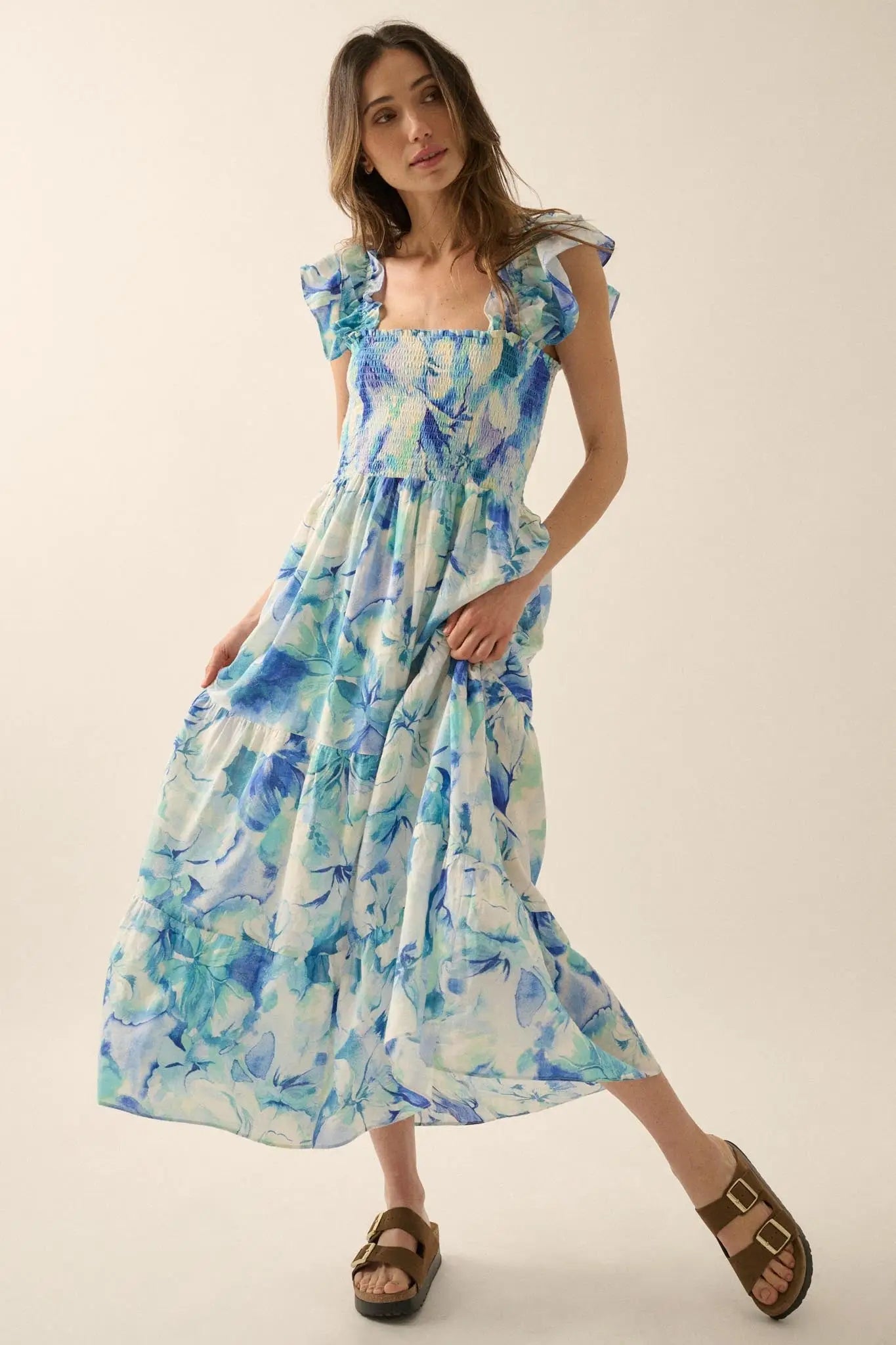 Cyan Blossoms Floral Smocked Ruffle Midi Dress Aqua Blue / L Cyan Blossoms Floral Smocked Ruffle Midi Dress Aqua Blue / L
