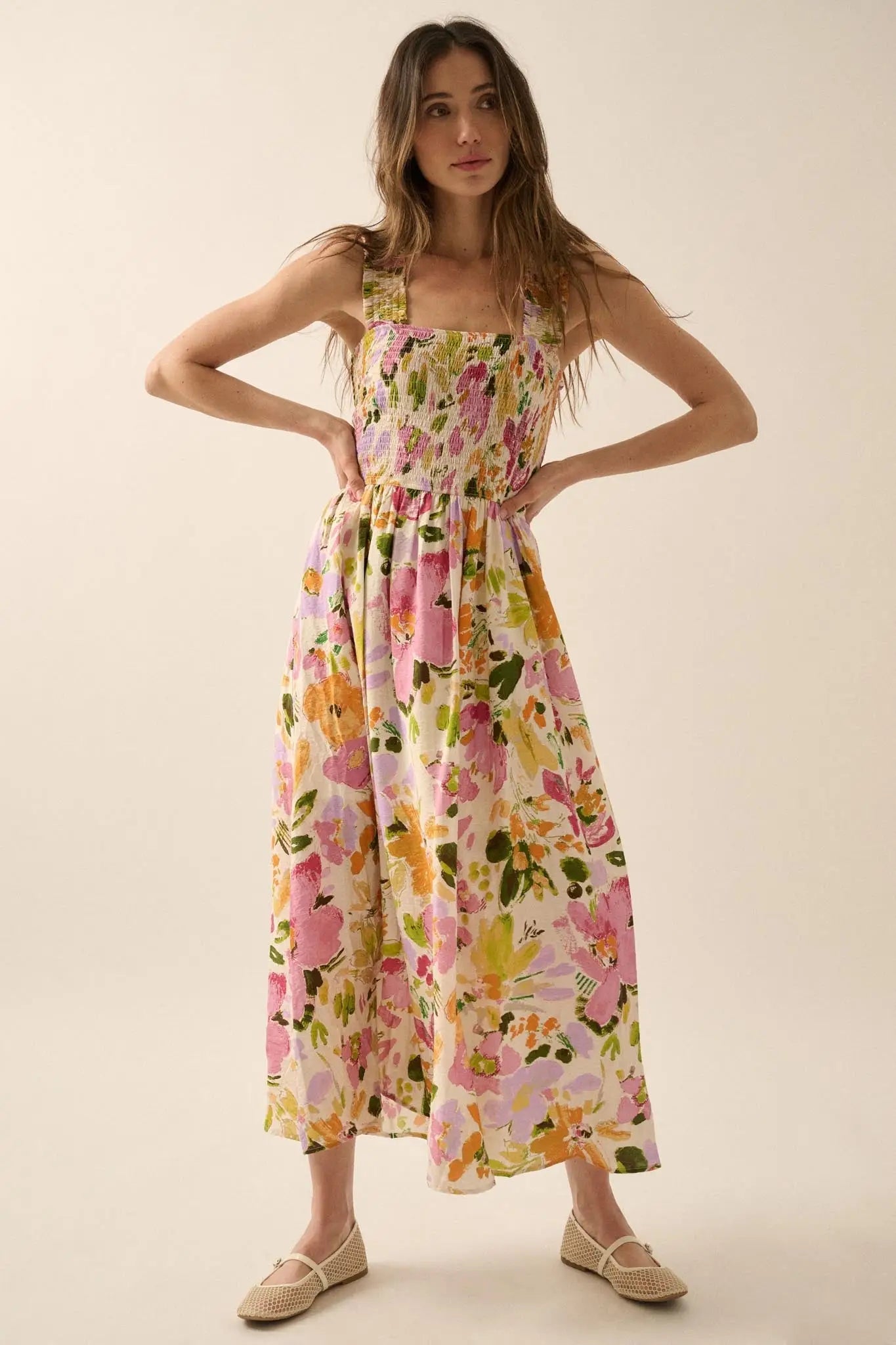 georgette smocked midi dress in backyard blooms Petite Georgette Smocked Midi Dress in Backyard Blooms