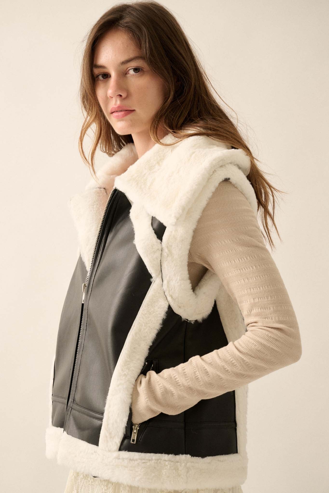 Ride the Wind Vegan Leather Faux Fur-Trimmed Vest - ShopPromesa