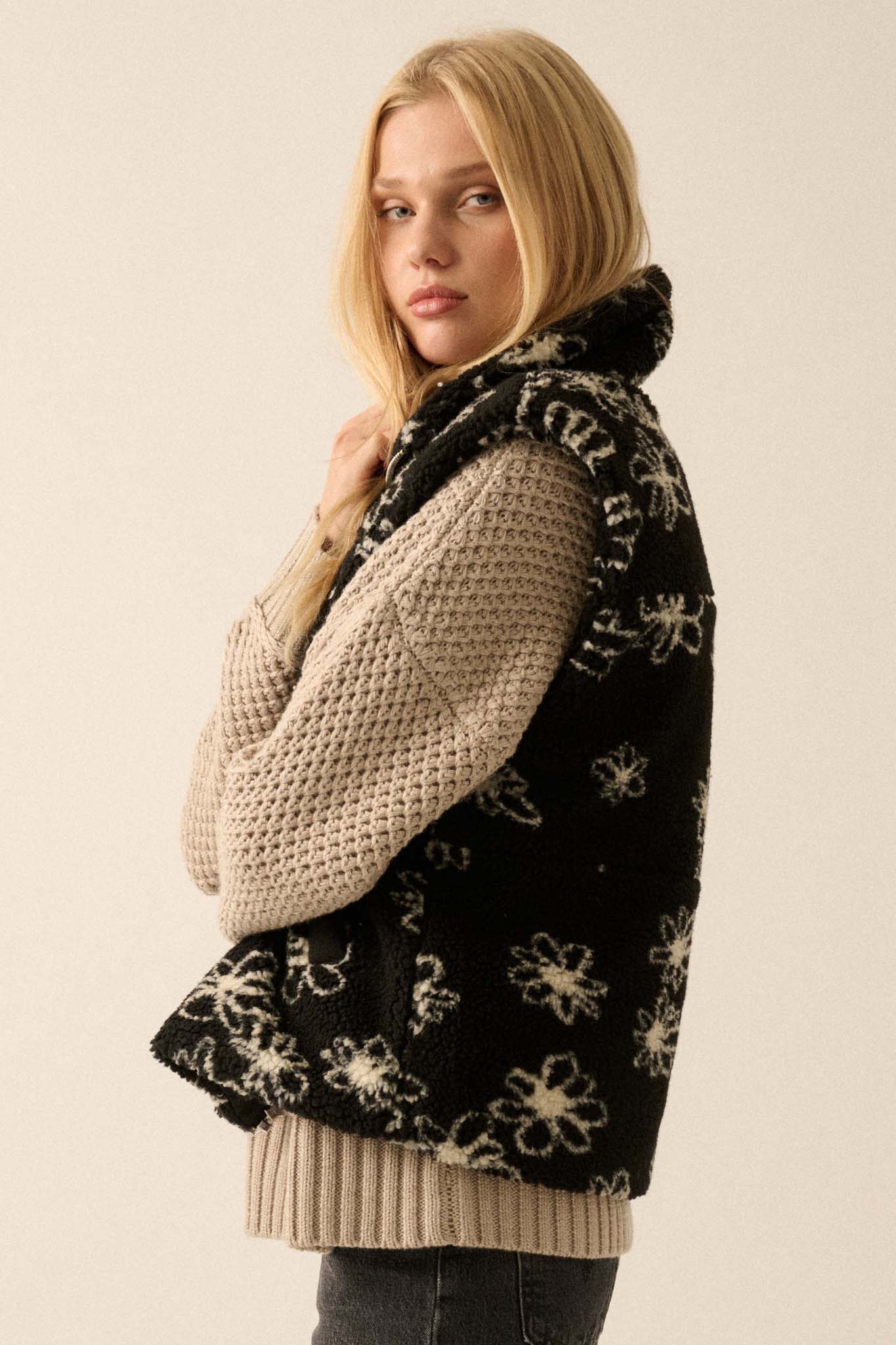 Winter Garden Floral-Print Sherpa Fleece Vest - ShopPromesa