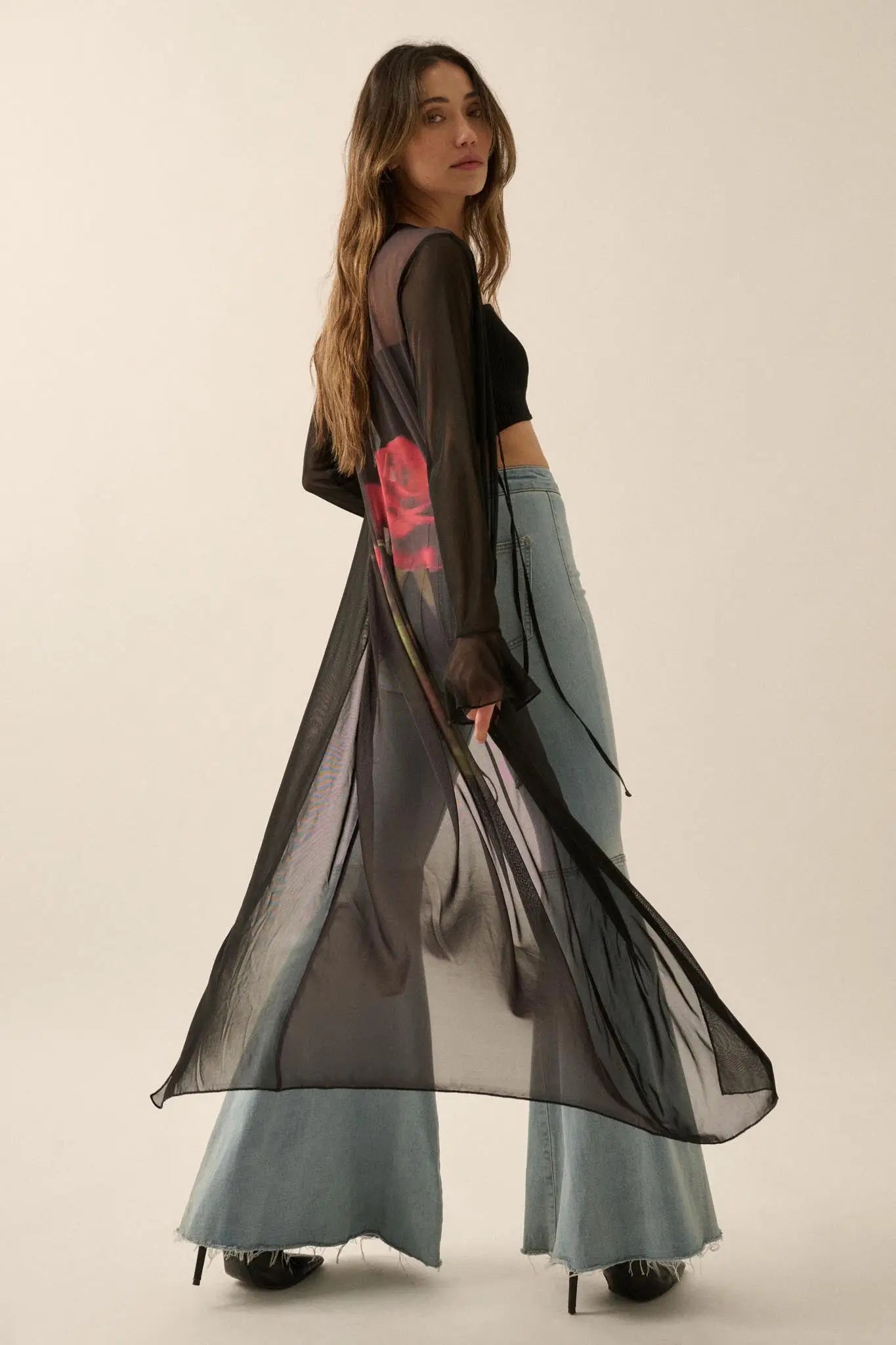 Wild Rose Mesh Back-Print Duster Kimono Cardigan - ShopPromesa